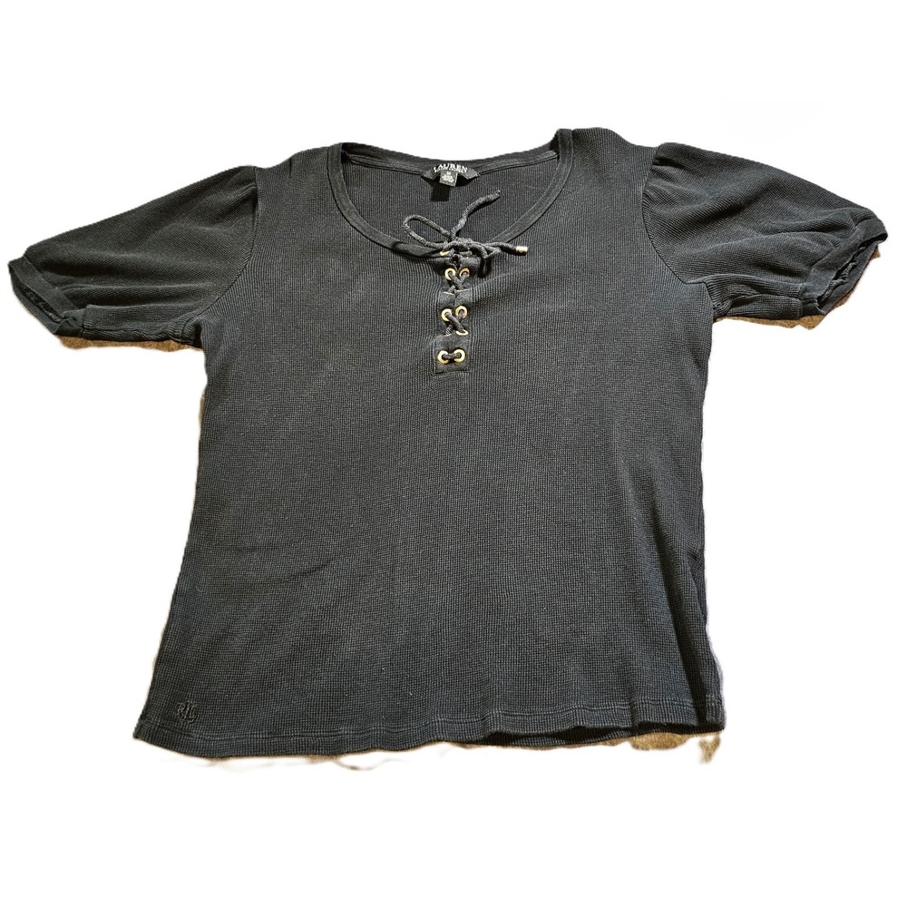 Lauren Ralph Lauren Black Waffle Knit Lace Up Puff Sleeve Top Womens M 1-01606